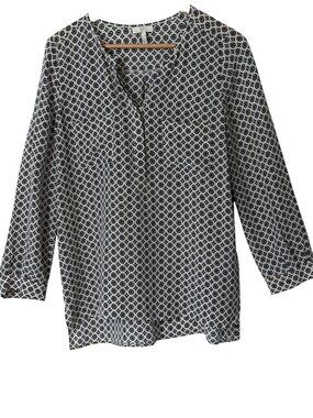 Joie Daryn 100% Silk Geometric Tile Medallion Print Boho Blouse Navy/Cream Sz S